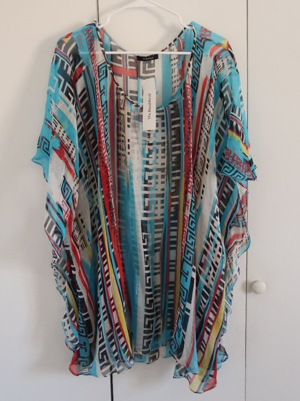 Versace colorful silk waterfall greek key blouse, therealreal, size 44